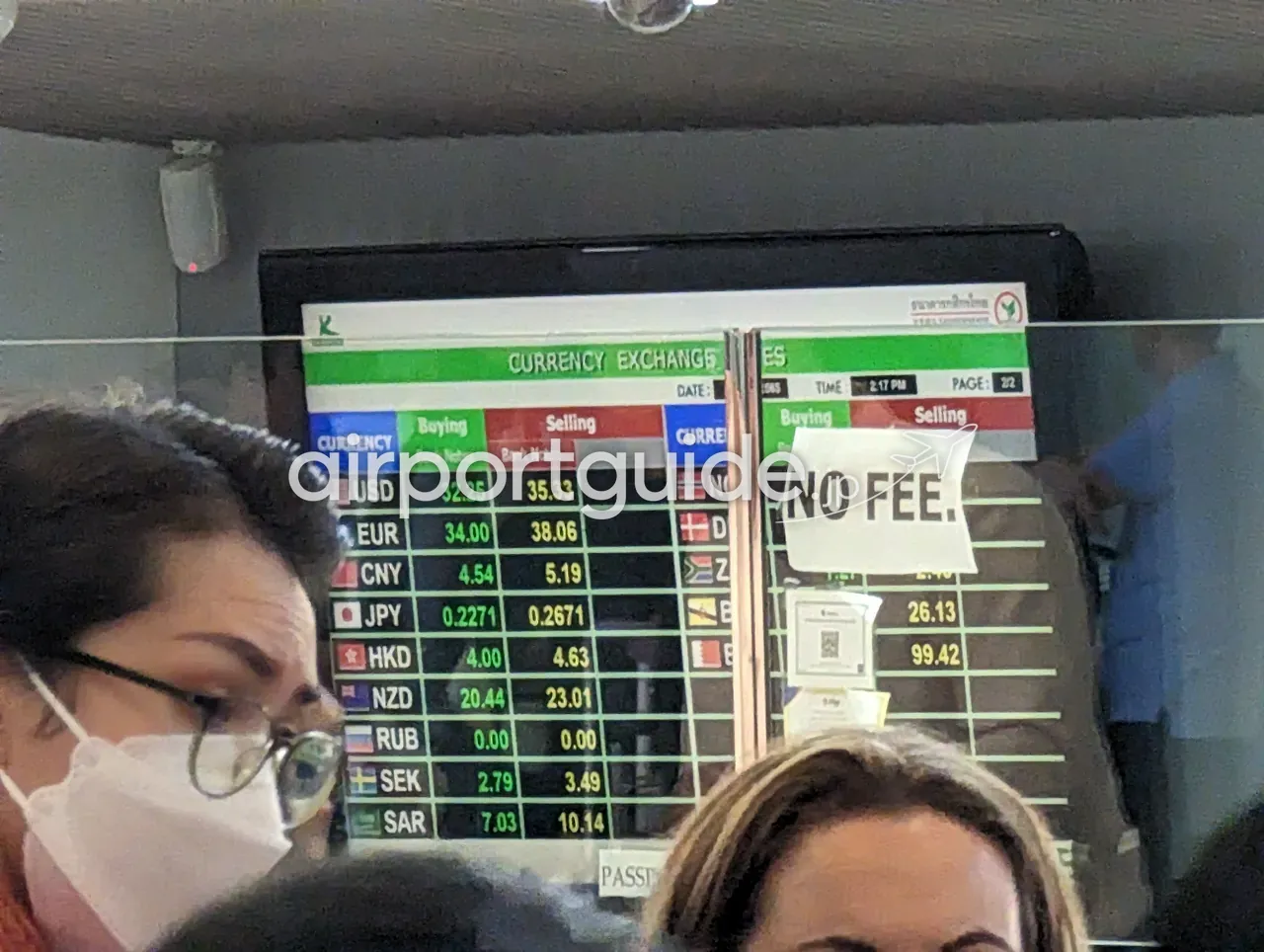 スワンナプーム空港・両替所の外貨レート表示ボードを間近で撮影。各国通貨のレートがLEDで並ぶ。手前にマスク姿の客の頭。