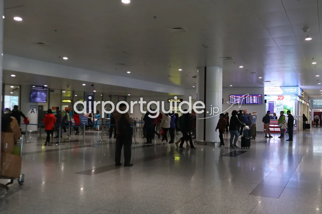 ノイバイ空港の到着ロビー。左手にA1・A2の到着口とモニタ、規制柵、出迎えの人だかり。右手に「TOURIST INFORMATION」「MOBILE SIM」のカウンターとフライト案内モニタ、「FREE MAP」の表示。