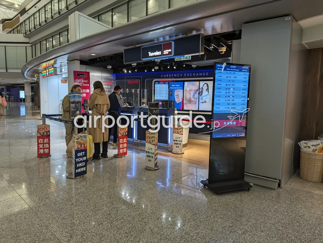 香港国際空港・到着エリアのTravelex両替所。『CURRENCY EXCHANGE』の店構えと通貨別のレート板、『在此兌換港幣 GET YOUR HKD HERE』『ここで香港ドルが両替できます』の多言語案内、カウンターに並ぶ客と黄色いスーツケース。