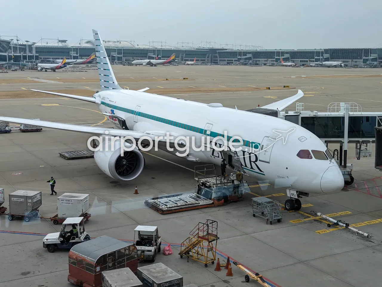 仁川空港のゲートに駐機するZIPAIRのボーイング787。ボーディングブリッジが接続され、地上係員がカーゴやステップで作業している。背景に仁川空港の曲面屋根のターミナル群。