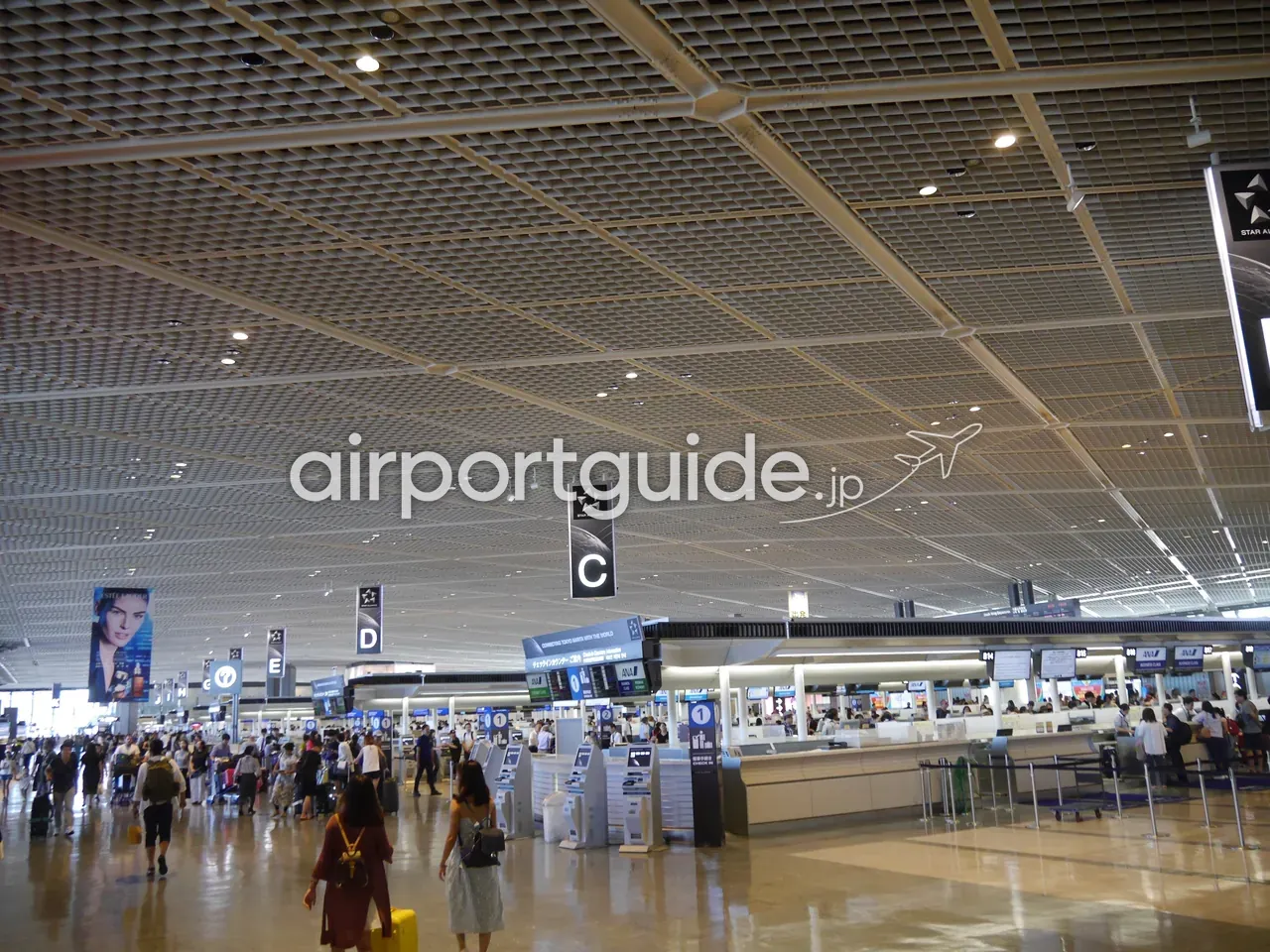 成田空港第1ターミナルのチェックインホール全景。網目状の天井の下、STAR ALLIANCEのゾーンC〜Fの吊りサインと大勢の旅客、自動チェックイン機が並ぶ。