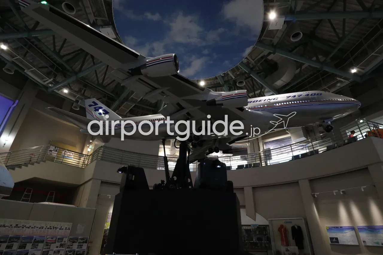 航空科学博物館の中央ドーム展示室。天井の丸いスクリーンに空を映し、銀色のボーイング747-400大型模型を下から見上げる。