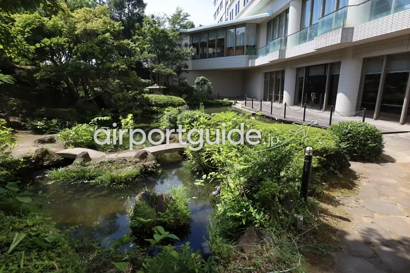 ホテルの日本庭園。池と苔・植栽、奥にレストランのガラス窓の建物。