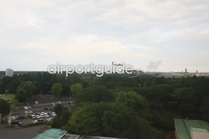ホテルから見た成田空港への最終進入機。地平線に空港ターミナルと管制塔、上空に着陸機。