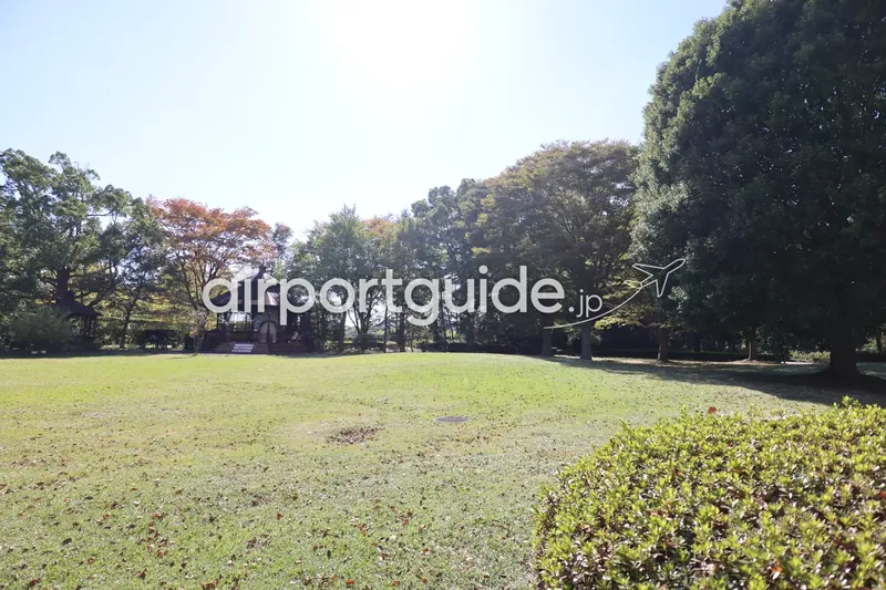 ホテル庭園の芝生と八角形のガゼボ（東屋）。逆光の秋晴れ。