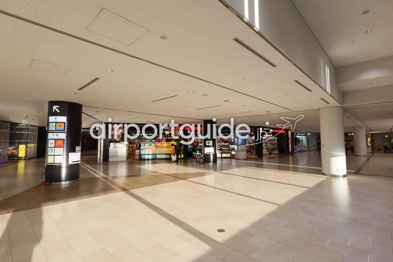 成田空港の広々としたコンコース。「TAX FREE AKIHABARA」の赤いネオンや富士フイルム、コンビニ、スターバックス、マクドナルドなどが並ぶショッピングエリア。