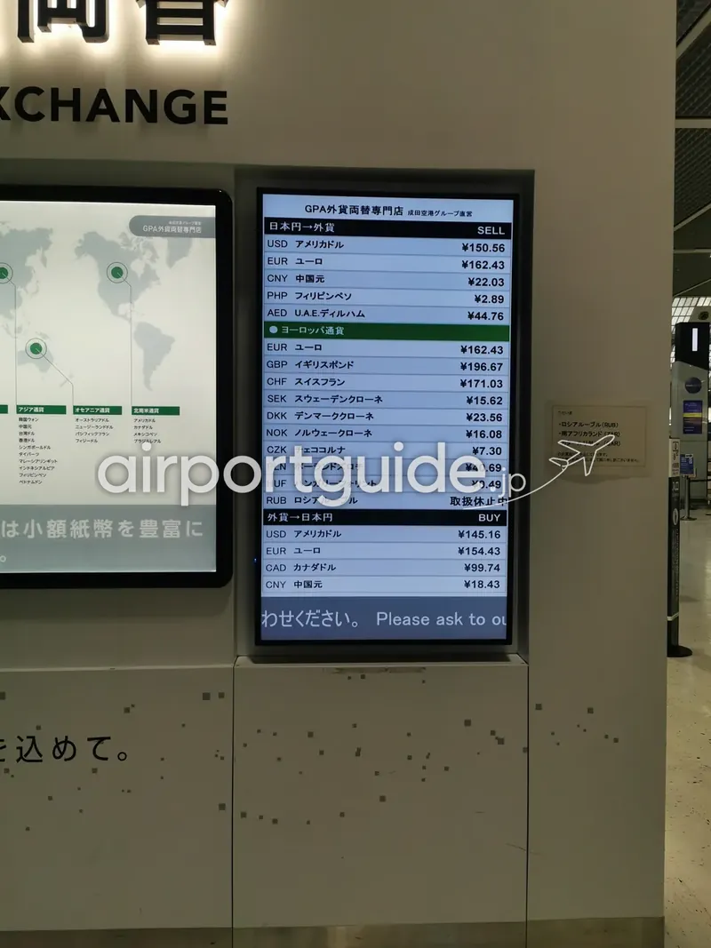 成田空港GPA外貨両替専門店のデジタルレート板。日本円から外貨のSELLレートと、外貨から日本円のBUYレートが一覧表示され、ロシアルーブルには取扱休止中の表示がある。