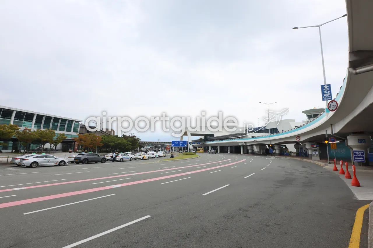 金海空港・国内線ターミナル前の広い車寄せ全景。左手の縁石沿いに白いタクシーが列をなして並び、奥に『국내선 DOMESTIC』の建物、右手に高架の連絡路。