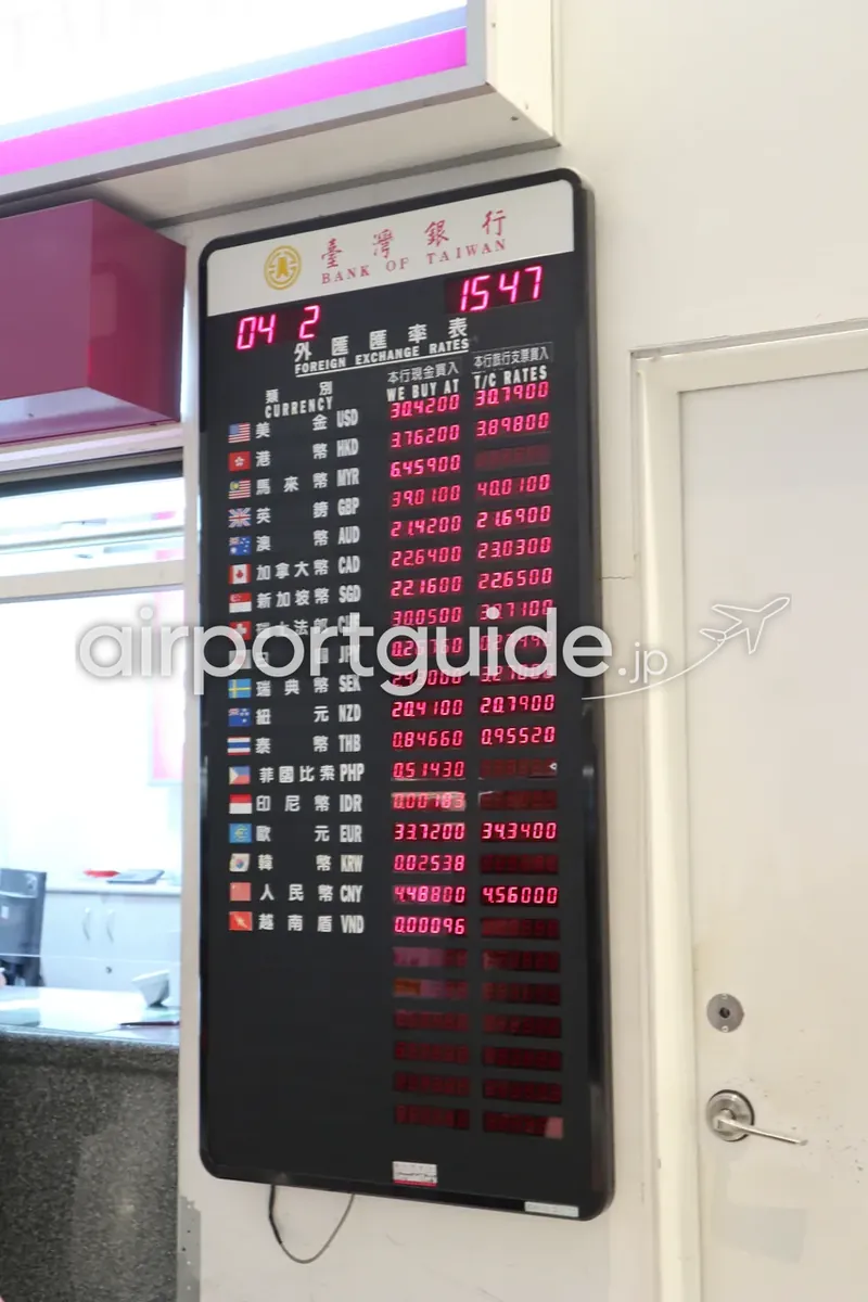 台湾桃園空港・臺灣銀行（BANK OF TAIWAN）の外貨両替レート板。赤いLEDで各国通貨の現金買入レートとT/Cレートが一覧表示されている。